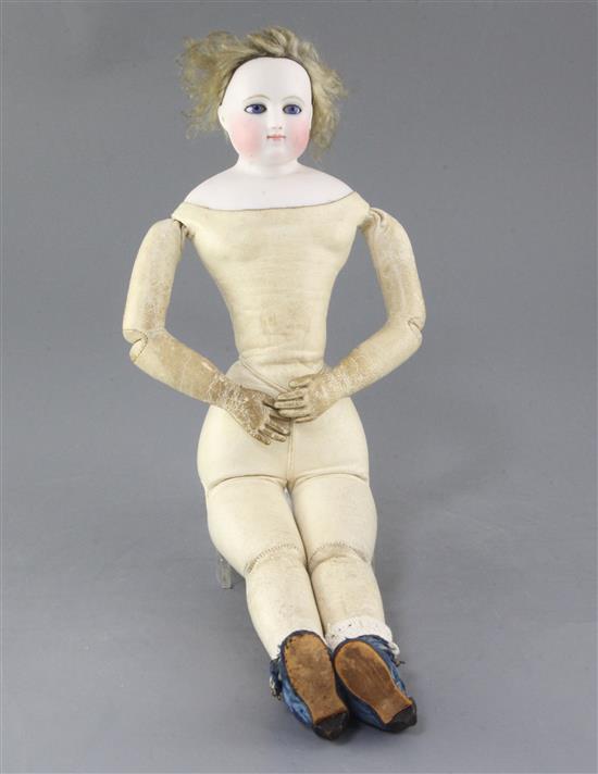 A French bisque shoulder head doll, possibly Eugene Barrois, c.1860, 17in. long